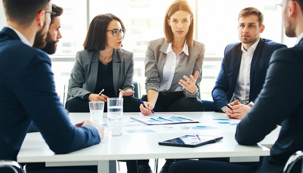 Business professionals discussing insolvency solutions in a meeting